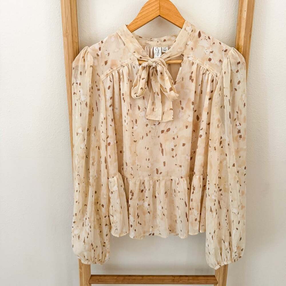 Joie Women’s Small Beige Speckled Tie Neck Peplum Blouse Long Sleeve Boho EUC